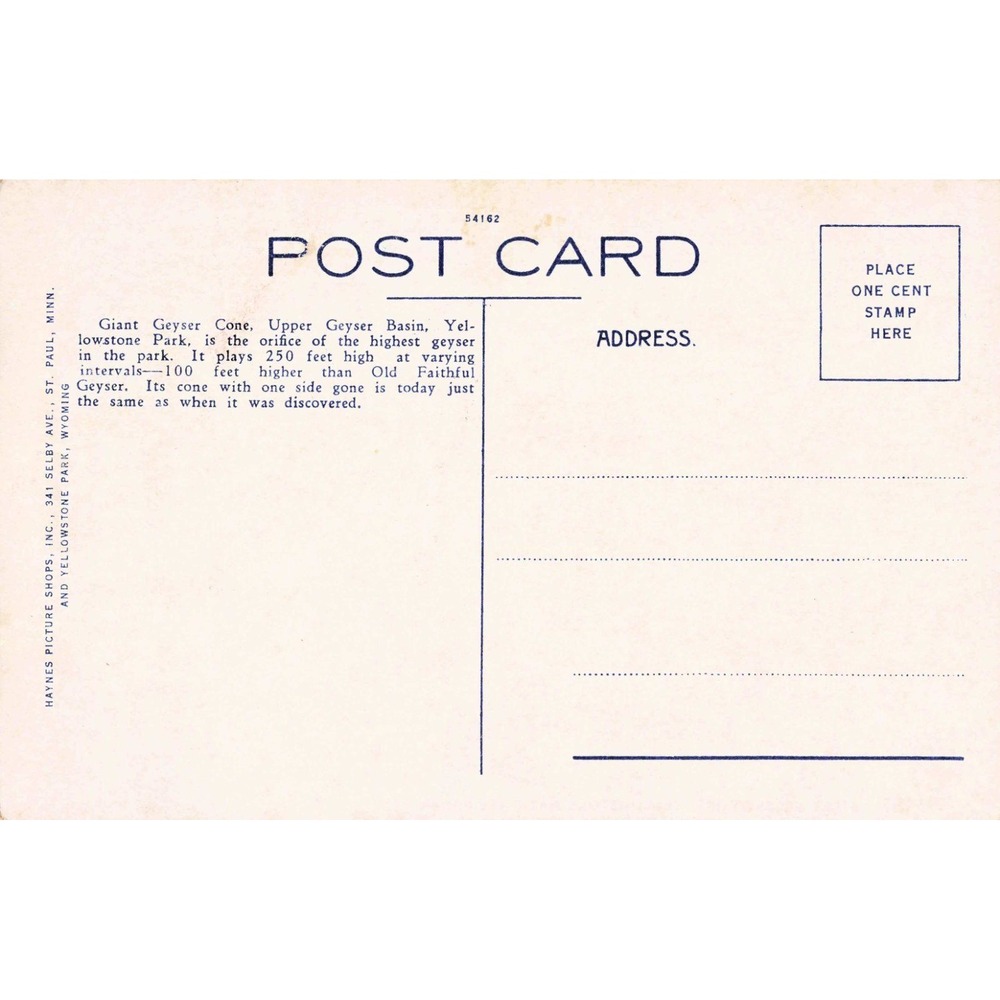 Vintage Haynes Yellowstone National Park Giant Geyser Cone Postcard 10098 VG+ - Picture 2 of 2